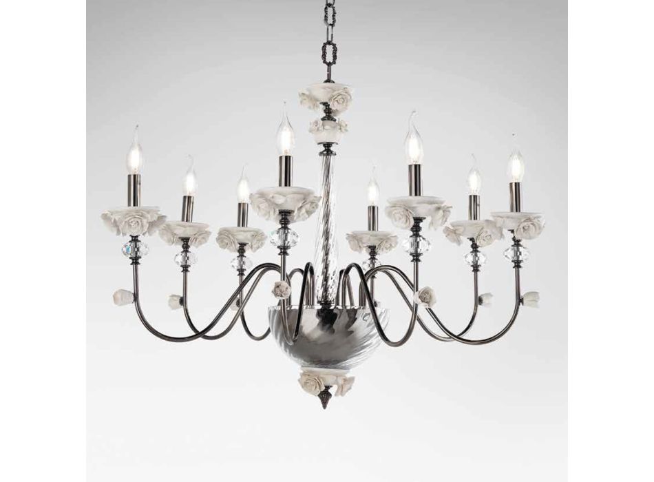 Klasický 8 světelný lustr z porcelánu a luxusního foukaného skla - Eteria Viadurini