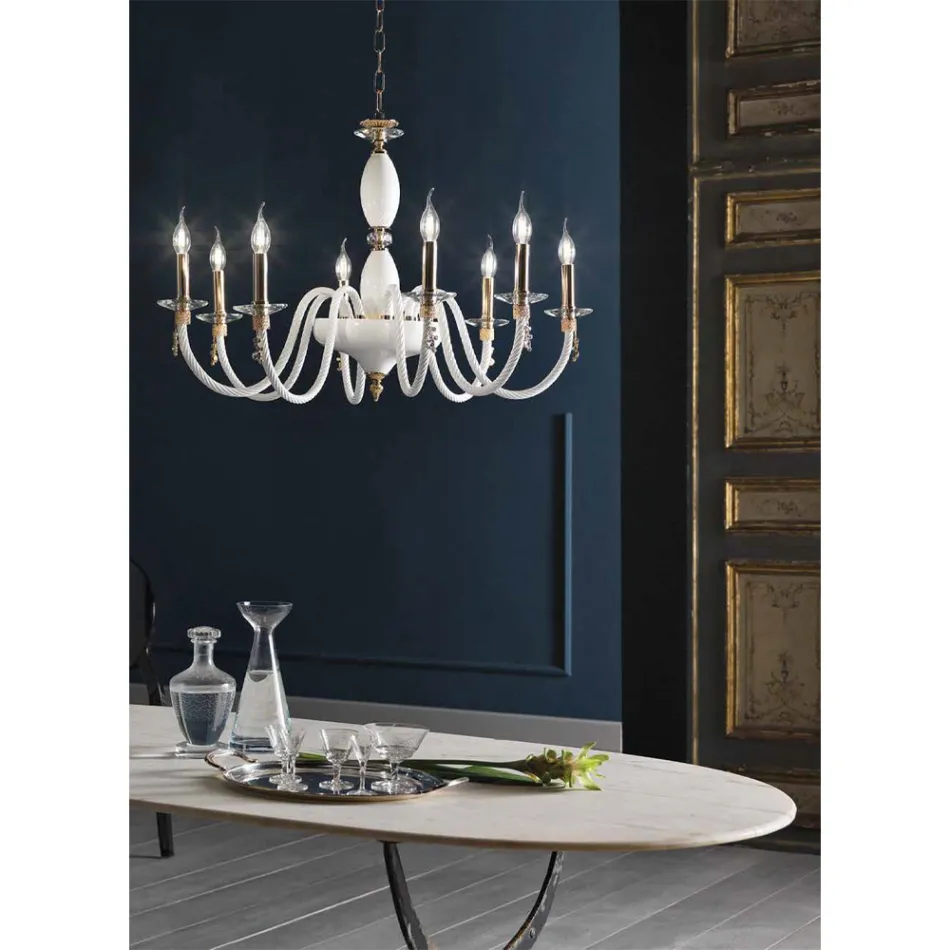 Klasický lustr s 8 světly z foukaného skla a detaily ruky - Phaedra Viadurini