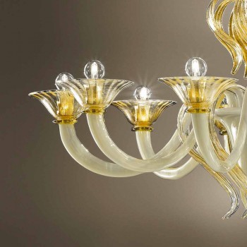 Lustr 15 světel v bílém a zlatém benátském skle, vyrobený v Itálii - Agustina