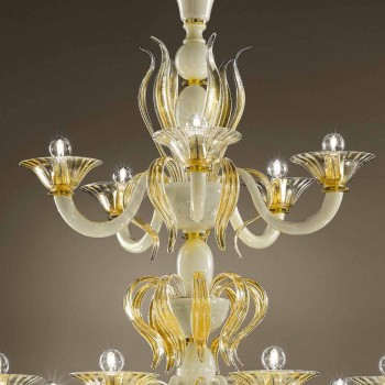 Lustr 15 světel v bílém a zlatém benátském skle, vyrobený v Itálii - Agustina