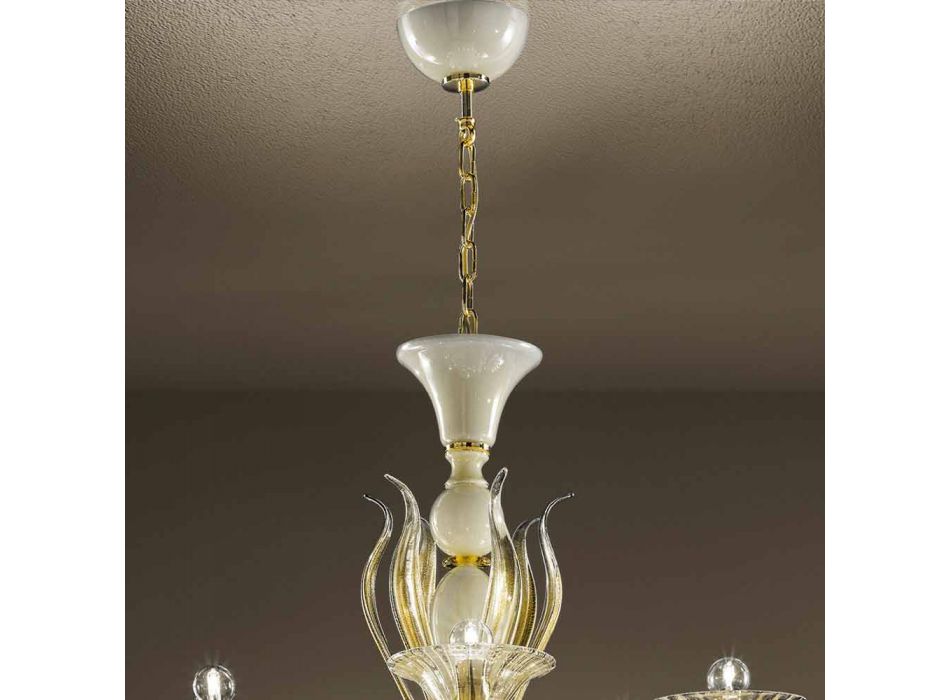 Lustr 15 světel v bílém a zlatém benátském skle, vyrobený v Itálii - Agustina Viadurini