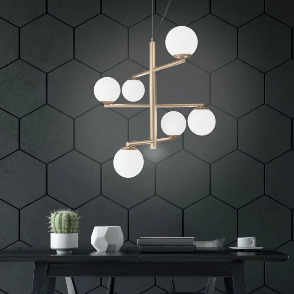 Lustr 6 světel z lakovaného kovu se skleněnými difuzory - Lido Viadurini