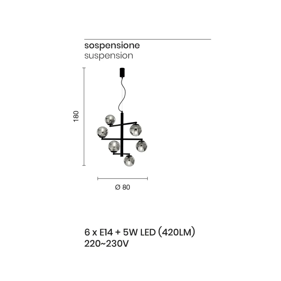 Lustr 6 světel z lakovaného kovu se skleněnými difuzory - Lido Viadurini