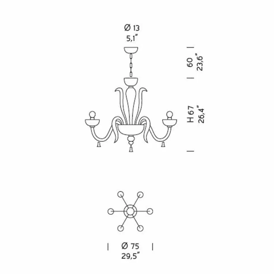 6 lehký lustr z benátského skla, ručně vyrobený v Itálii - Regina Viadurini