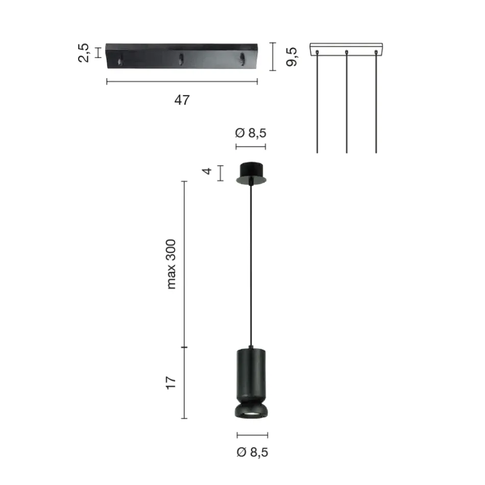 Lustr se 3 LED diodami z práškově lakovaného hliníku a nastavitelným kabelem - Buxus Viadurini