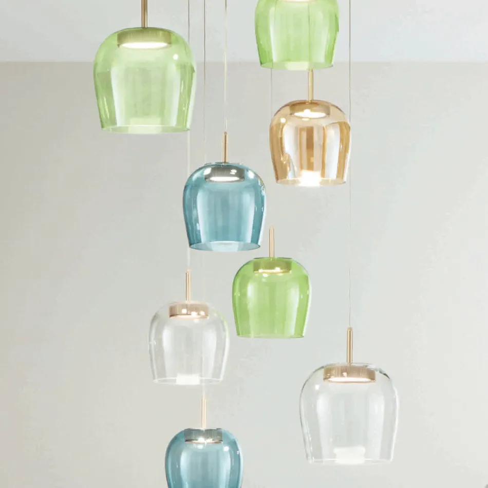 Zlatý lakovaný kovový lustr s LED světlem a barevným sklem - habr Viadurini