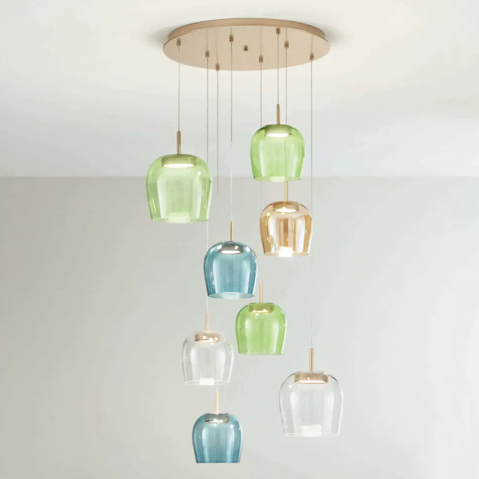 Lustr ze zlatého lakovaného kovu a LED světla a barevného skla - Habr Viadurini