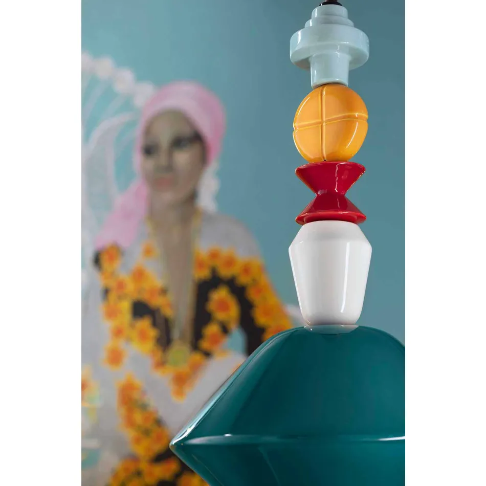 Vintage zelený nebo žlutý keramický lustr vyrobený v Itálii - Ferroluce Lariat Viadurini