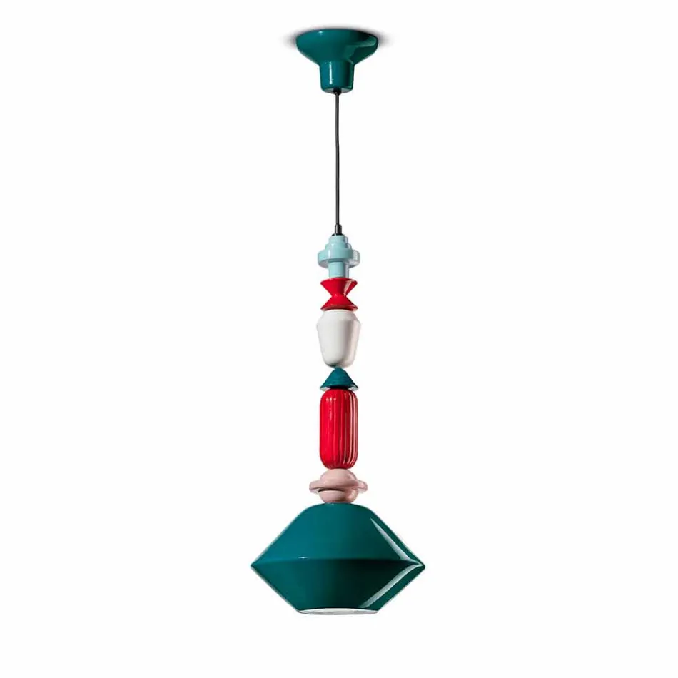 Vintage zelený nebo žlutý keramický lustr vyrobený v Itálii - Ferroluce Lariat Viadurini