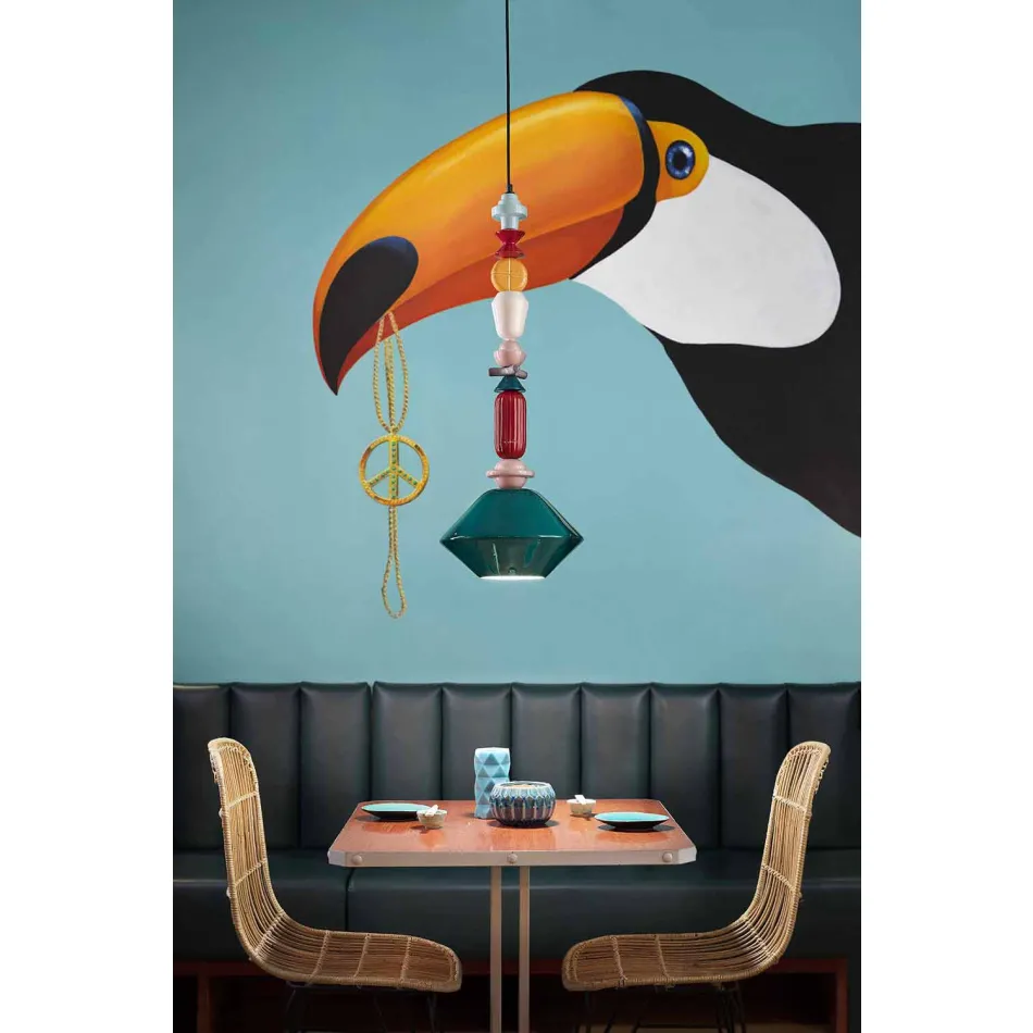 Vintage zelený nebo žlutý keramický lustr vyrobený v Itálii - Ferroluce Lariat Viadurini