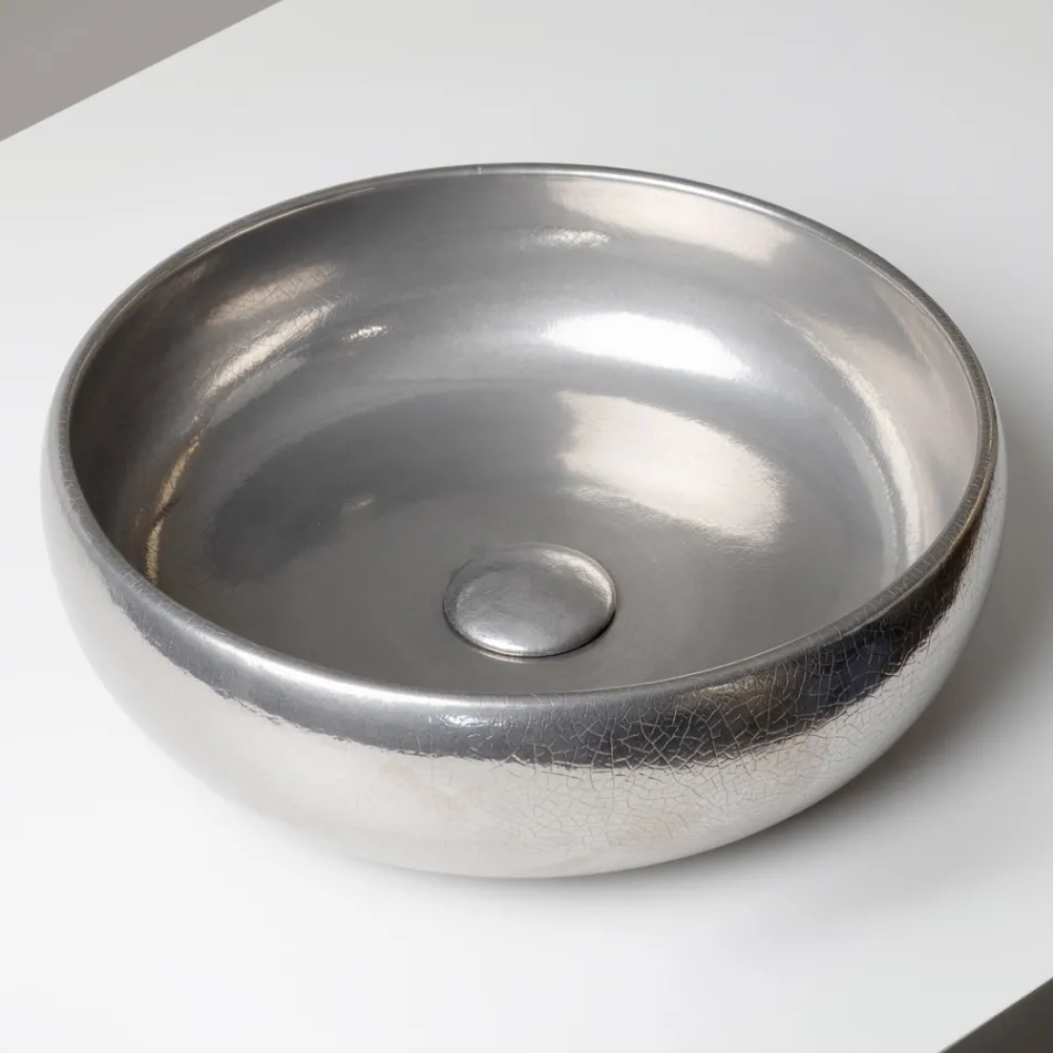 Ručně soustružený kovový dřez z hlíny raku na pracovní desku - Prisma Viadurini