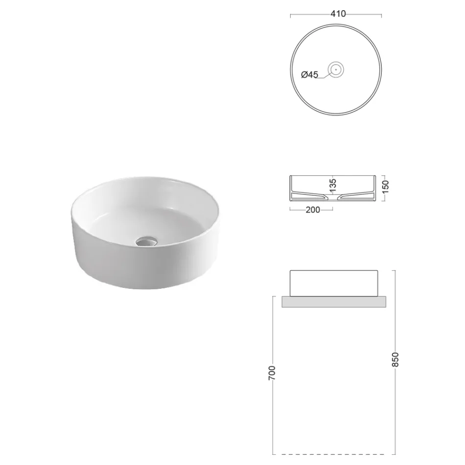 Kulaté umyvadlo na desku z bílé keramiky a moderního designu - Papavero Viadurini