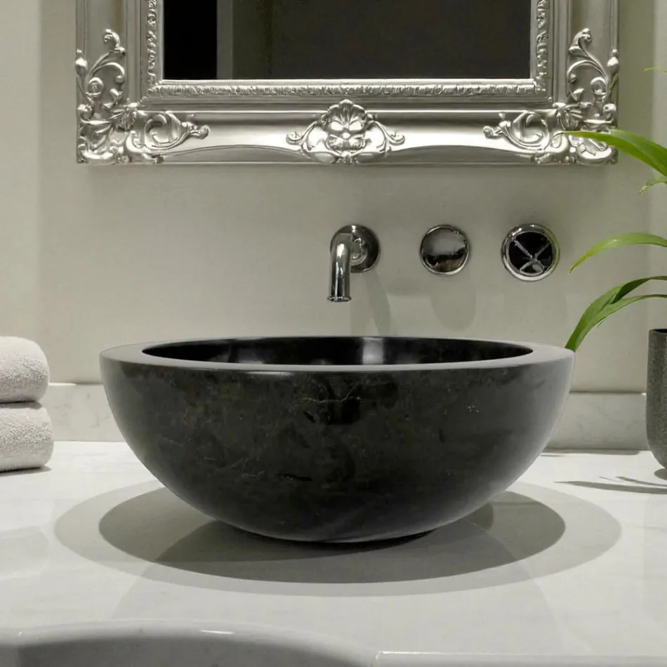 Černé kulaté umyvadlo na desku z přírodního kamene Levi, jedinečný kus Viadurini