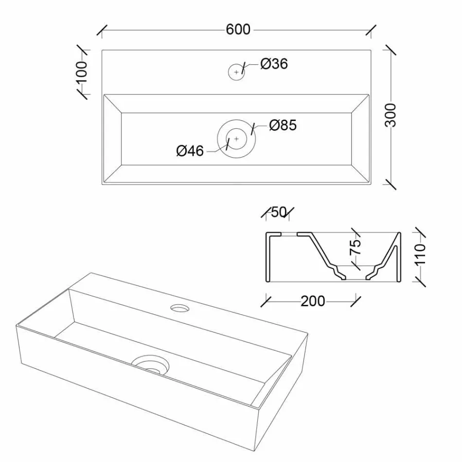 Moderní obdélníkový pult nebo závěsné umyvadlo 60x30 cm v keramice - zákon Viadurini