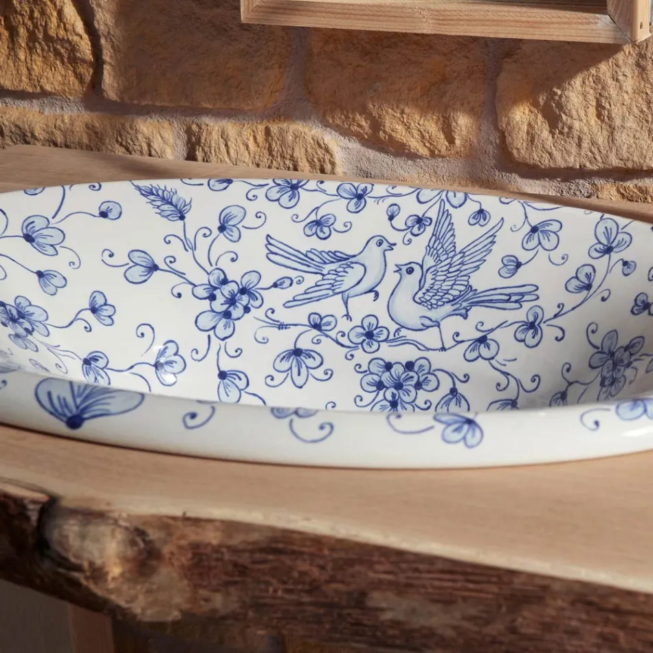 Polozápustné umyvadlo z ručně malované šamotové hlíny Made in Italy - Principe Viadurini