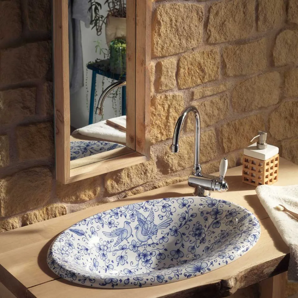 Polozápustné umyvadlo z ručně malované šamotové hlíny Made in Italy - Principe Viadurini