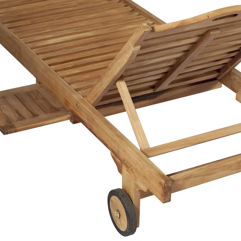 Teakové zahradní lehátko s odnímatelným stolem a kolečky - Oasi Viadurini