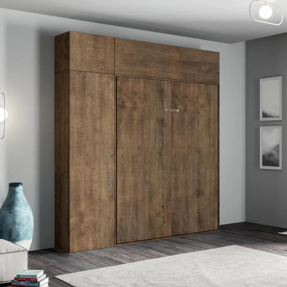 Manželská postel s vertikálním výklopným sloupkem a nástěnnou skříňkou - Magicompare Viadurini