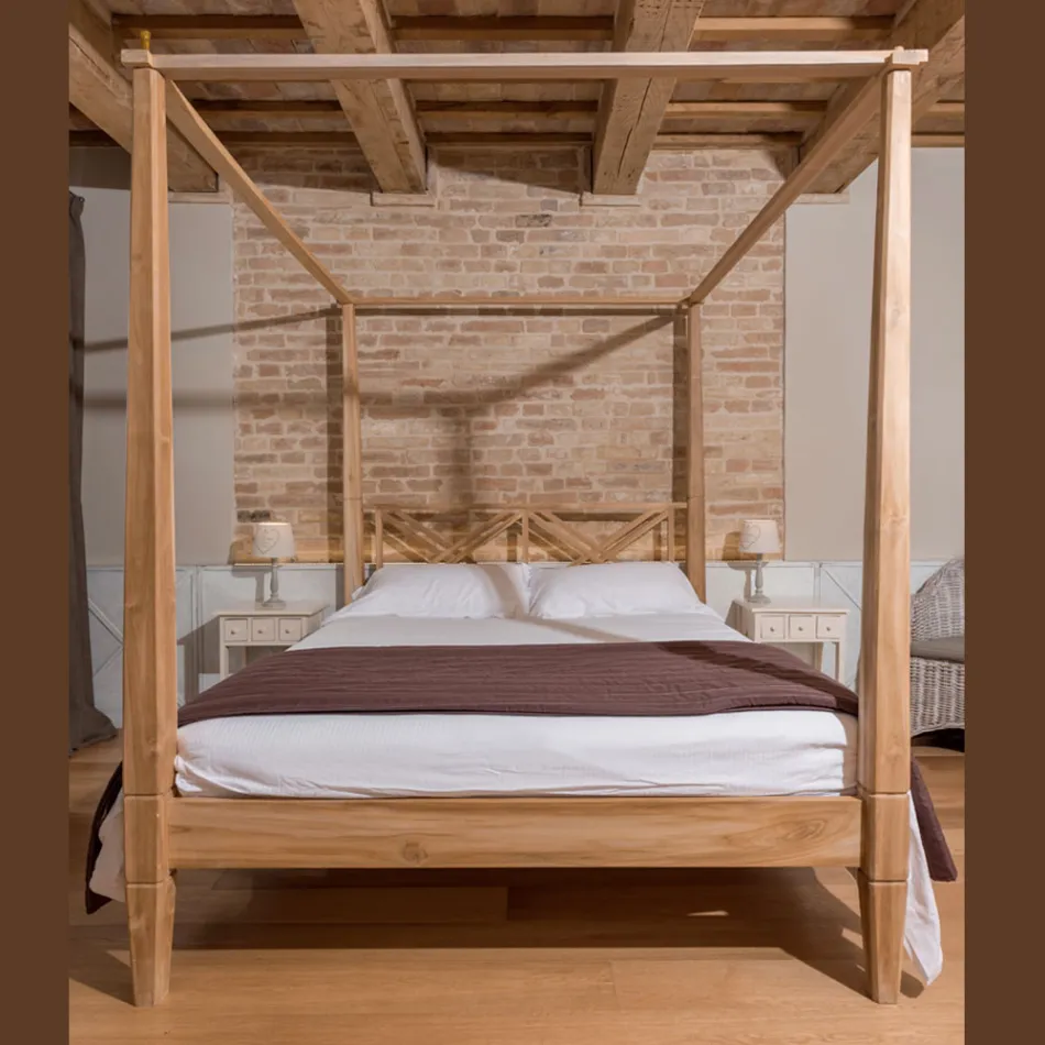 Manželská postel 160x200 s nebesy z masivního teakového dřeva - akvarel Viadurini