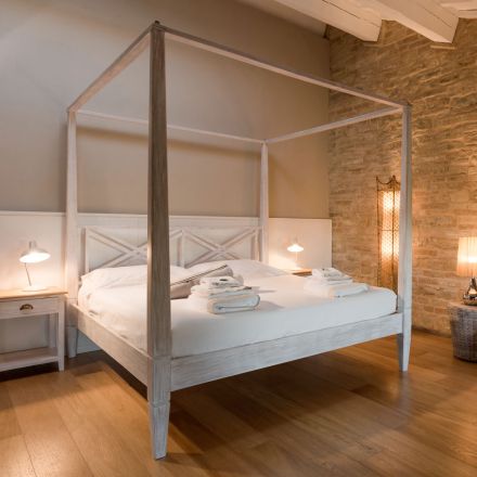 Manželská postel 160x200 s nebesy z masivního teakového dřeva - akvarel Viadurini