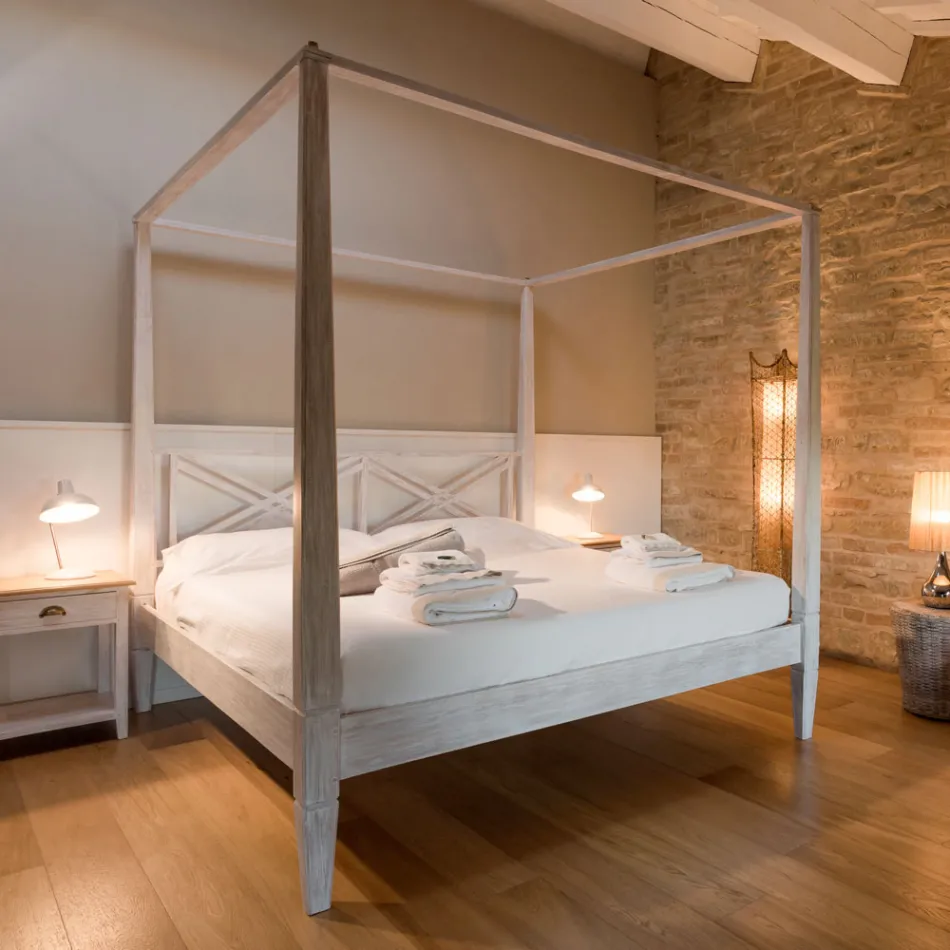 Manželská postel 160x200 s nebesy z masivního teakového dřeva - akvarel Viadurini