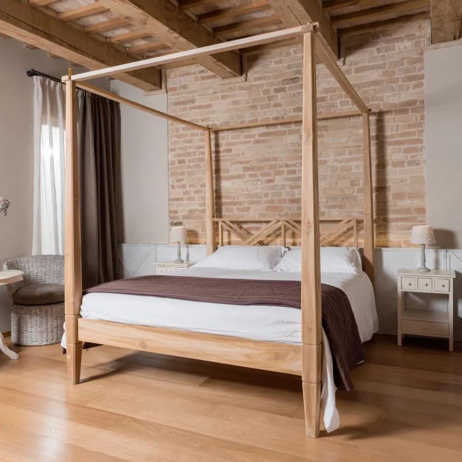 Manželská postel 180x200 s nebesy z masivního teakového dřeva - tempera Viadurini