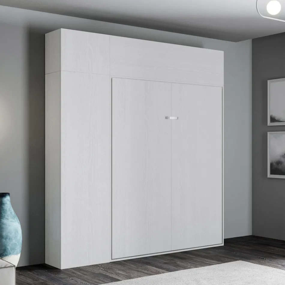 Vertikální skládací manželská postel s horní skříňkou a sloupkem - Magicompare Viadurini