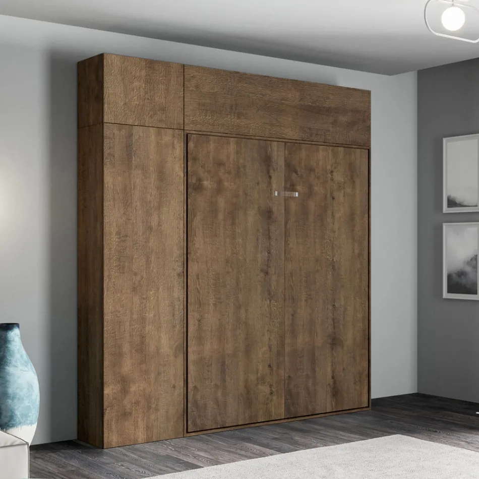 Vertikální skládací manželská postel s horní skříňkou a sloupkem - Magicompare Viadurini