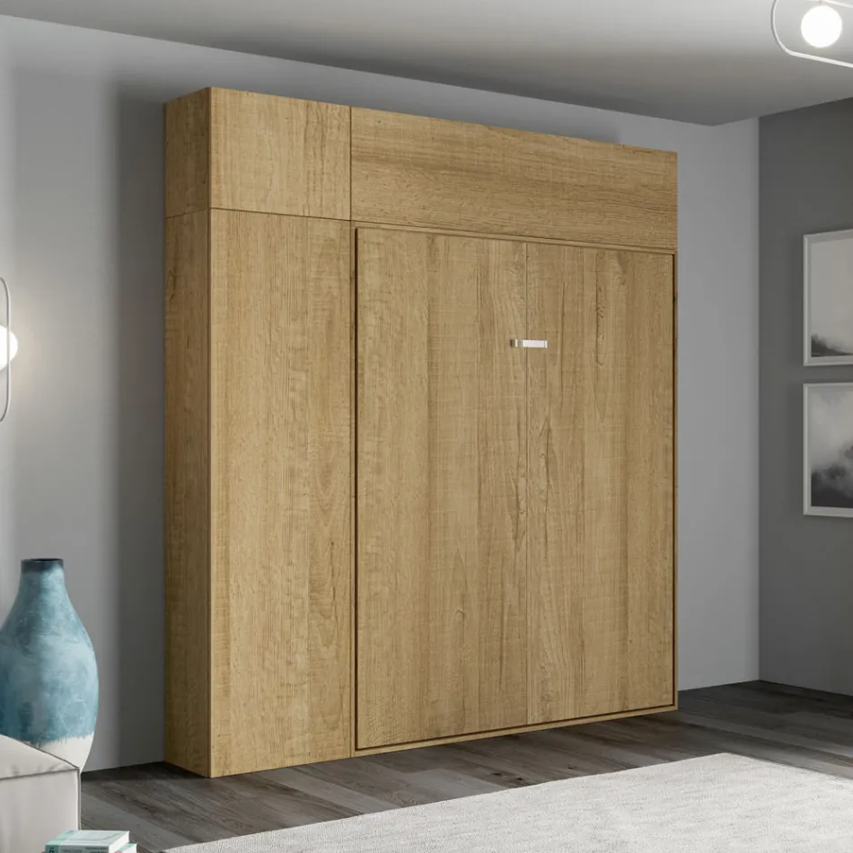 Vertikální skládací manželská postel s horní skříňkou a sloupkem - Magicompare Viadurini