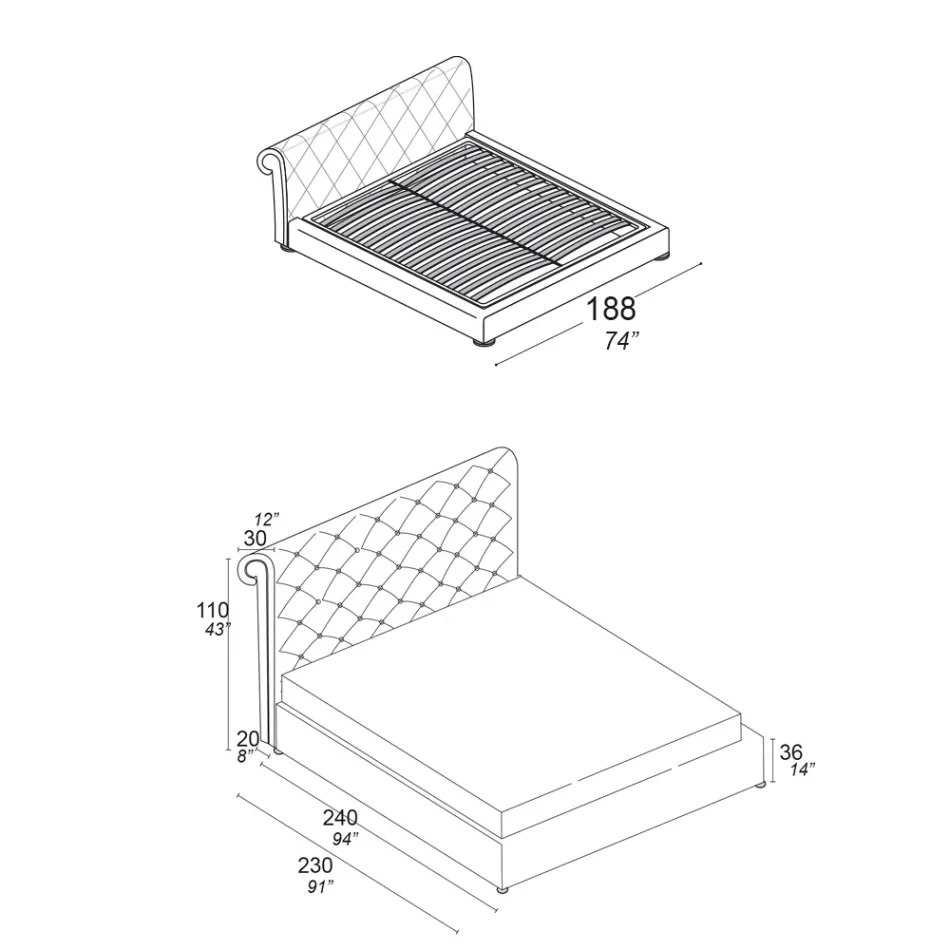 Manželská postel s capitonné polstrováním a dřevěnými nohami - Briosco Viadurini