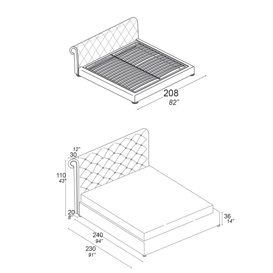 Manželská postel s capitonné polstrováním a dřevěnými nohami - Briosco Viadurini