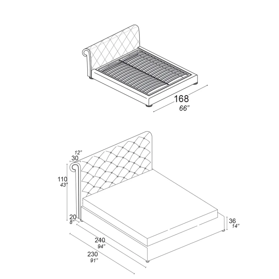 Manželská postel s capitonné polstrováním a dřevěnými nohami - Briosco Viadurini