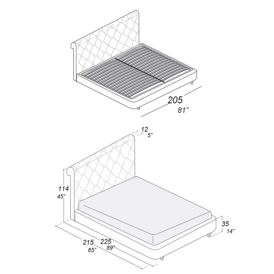 Manželská postel s dřevěnou konstrukcí potaženou polyuretanem - převrácená Viadurini
