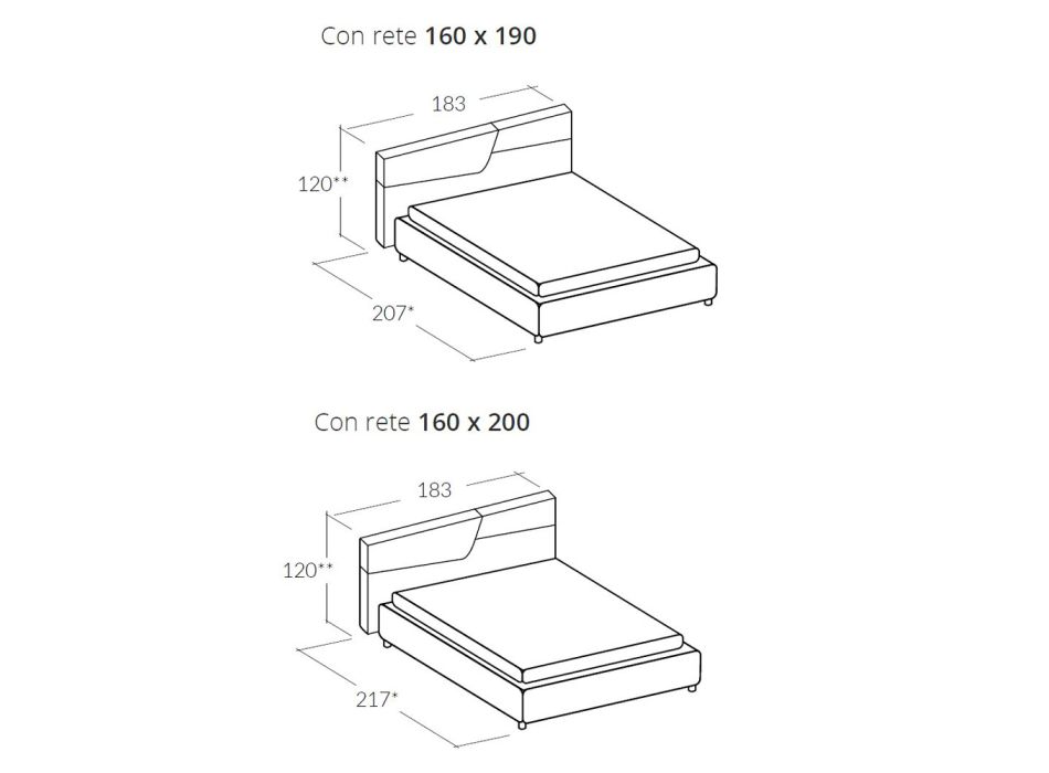 Moderní designová manželská postel s plisovaným nebo prošívaným čelem - Alano Viadurini