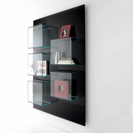 Nástěnná knihovna Černý dřevěný panel a skleněné police 2 velikosti - bazalka Viadurini