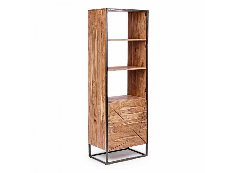 Podlahová knihovna se strukturou z akáciového dřeva a oceli Homemotion - Golia Viadurini