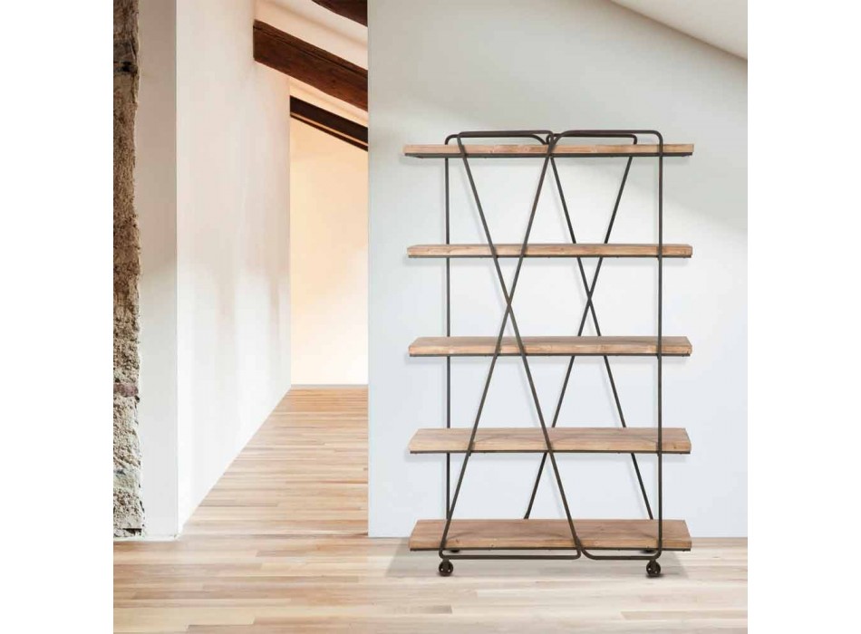 Moderní podlahová knihovna v průmyslovém stylu ze dřeva a železa - Soline Viadurini