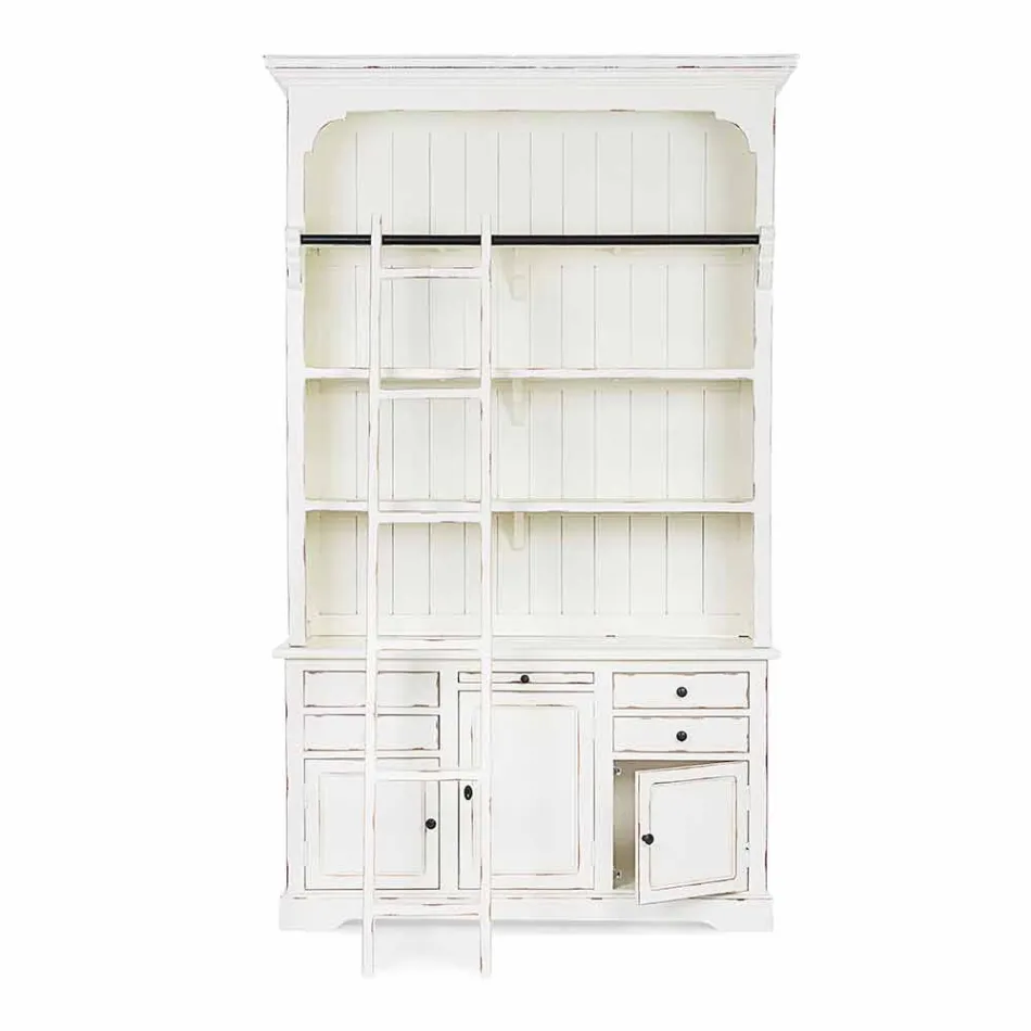 Klasická dřevěná knihovna s dekorativním žebříkem Homemotion - cedr Viadurini