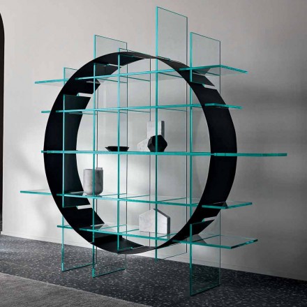 Volně stojící kruhová knihovna v Extraclear Glass a kartáčovaná černá - Marco Viadurini