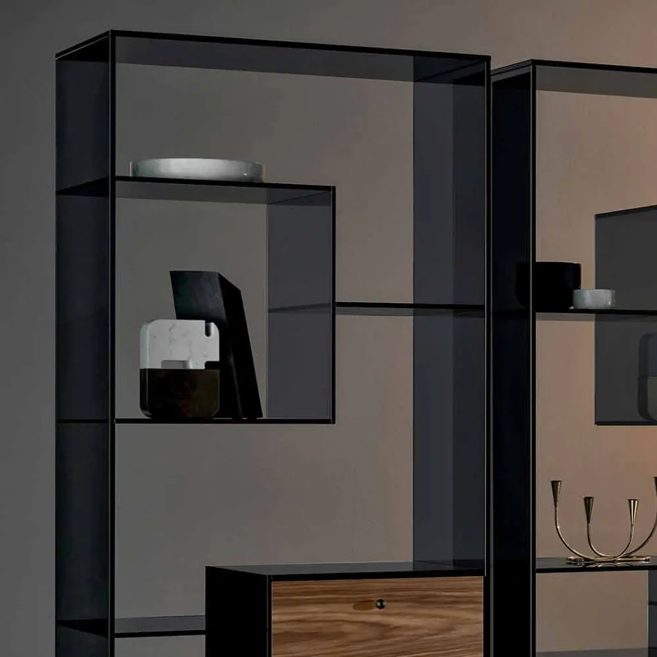 Knihovna v kouřovém skle s zásuvkou z ořechového dřeva Canaletto italského designu - Linzy Viadurini