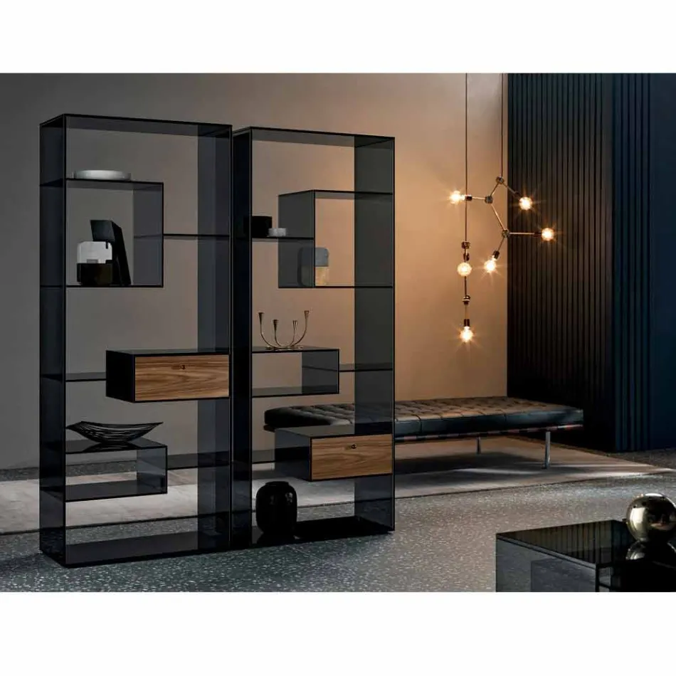 Knihovna v kouřovém skle s zásuvkou z ořechového dřeva Canaletto italského designu - Linzy Viadurini