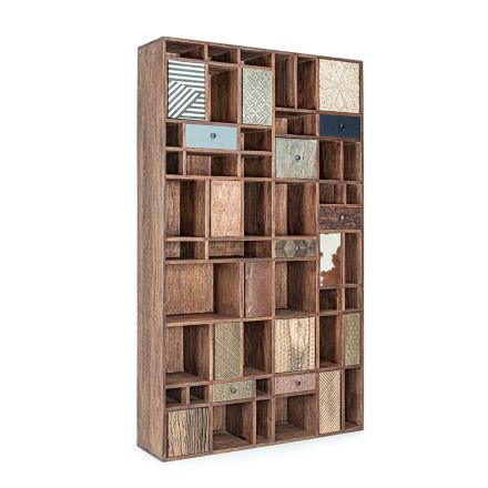 Knihovna z mangového dřeva a recyklované zásuvky s dekoracemi Homemotion - Auriel Viadurini