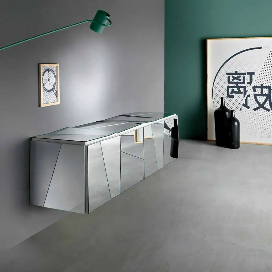 Nástěnný závěsný stolek z matně bílého dřeva a zrcadlových brýlí - Senese Viadurini