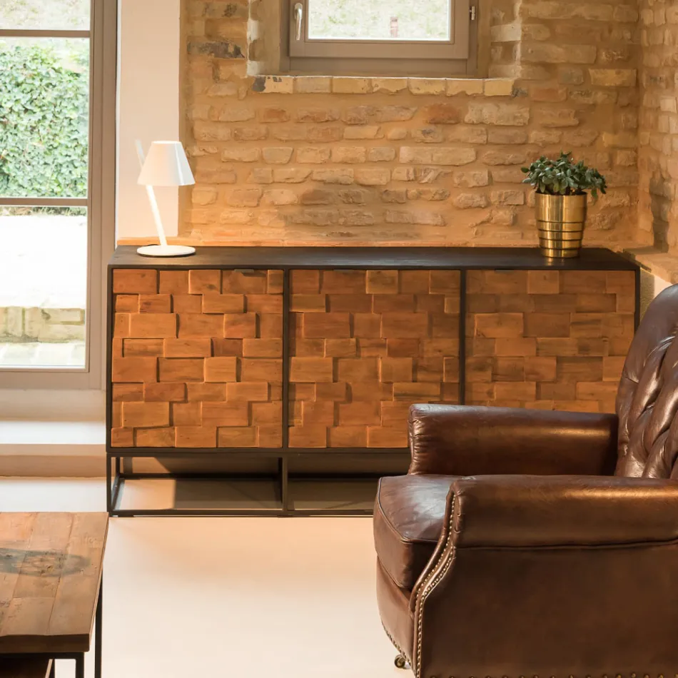 Příborník se 3 dvířky v patchworku z recyklovaného dřeva a kovové konstrukce - Skluzavka Viadurini