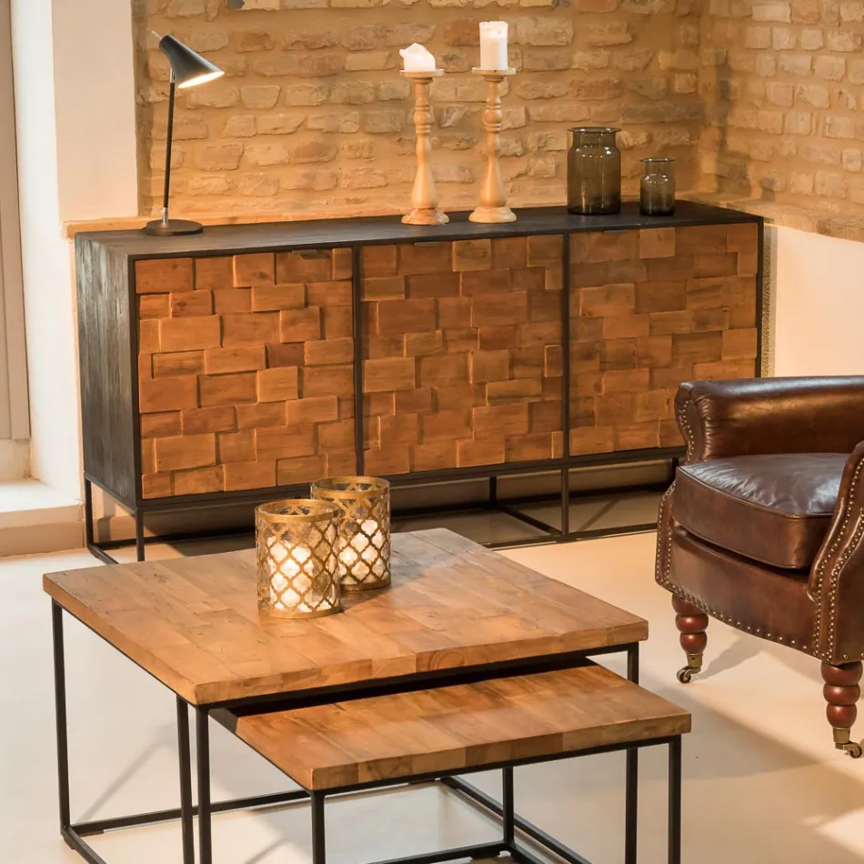 Příborník se 3 dvířky v patchworku z recyklovaného dřeva a kovové konstrukce - Skluzavka Viadurini