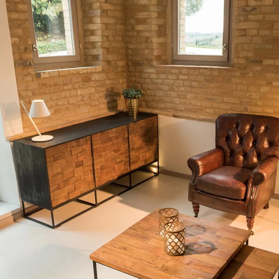 Příborník se 3 dvířky v patchworku z recyklovaného dřeva a kovové konstrukce - Skluzavka Viadurini