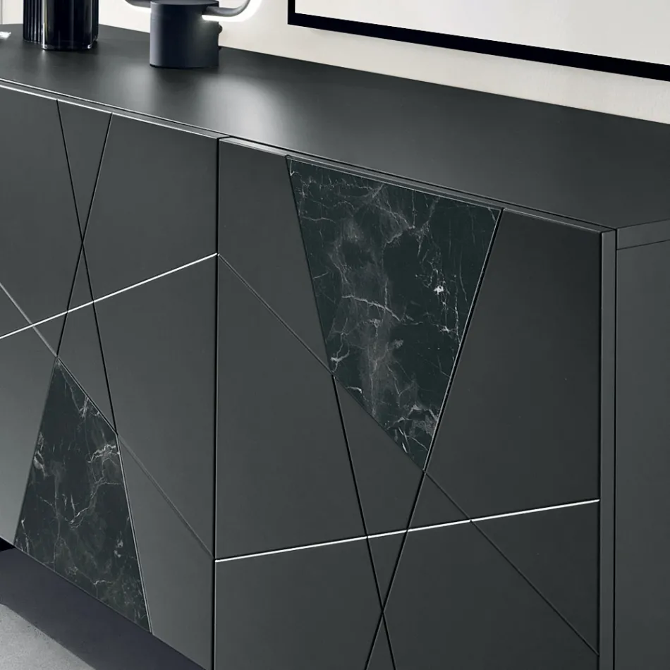 Příborník se 3 dvířky z lakovaného MDF s pantografem a skleněnými vložkami s mramorovým efektem - Danila Viadurini