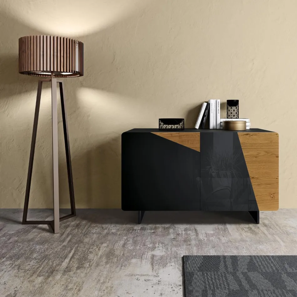 Příborník do obývacího pokoje se 2 dveřmi v povrchové úpravě venkovský vázaný dub a antracitové sklo - Ove Viadurini