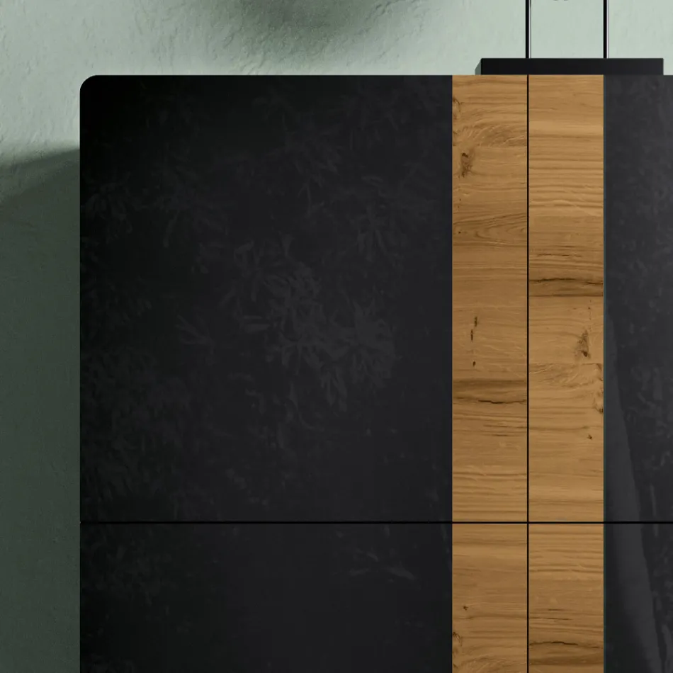 Příborník do obývacího pokoje se 4 dveřmi v povrchové úpravě venkovský vázaný dub a antracitové sklo - Ove Viadurini