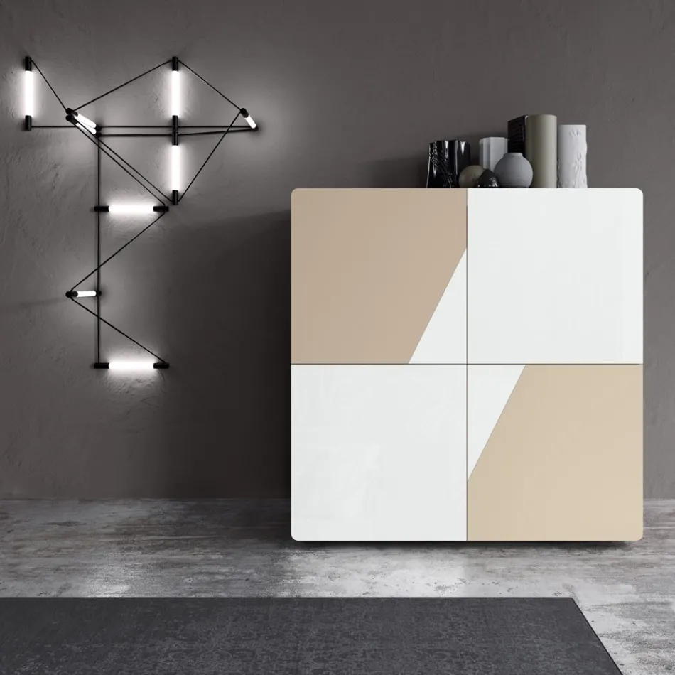 Příborník do obývacího pokoje se 4 dveřmi z bílého skla a norkové povrchové úpravy Made in Italy - Eva Viadurini